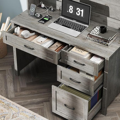 Farmhouse 67" H Executive Desk with Hutch,Office Desk with 4 Drawers and LED light, Wood Workstation for Home Office and Study, Computer Desk with Storage Cabinet,File Drawers, Charging Station.Gray