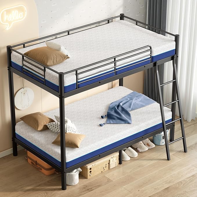 Bunk Bed Twin Over Twin with 6'' Mattresses Included, Heavy Duty Metal Bunk Bed Frame with Angled Ladder for Teens and Adults, for Spaces-Saving, Smooth Rounded Edges, Black