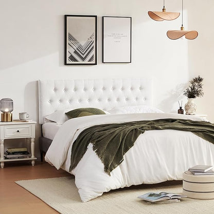Tufted Upholstered Headboard King Size, Solid Wood Head Board with Durable Metal Legs, Adjustable Height Bed headboard from 37" to 51" Fabric Headboard in Modern Button Design, White