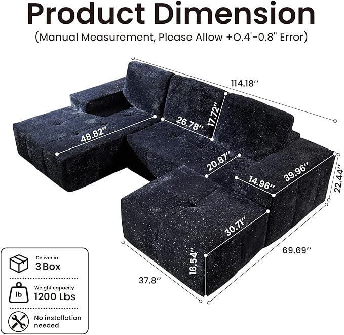 114" Glitter Cloud Sectional Couch with L-Shape Chaise & Ottoman, Modern Boneless Couches for Living Room, Fluffy Tufted Deep Seat Modular Sofa No Assembly (Blue Sparkly Velvet,Left Facing)