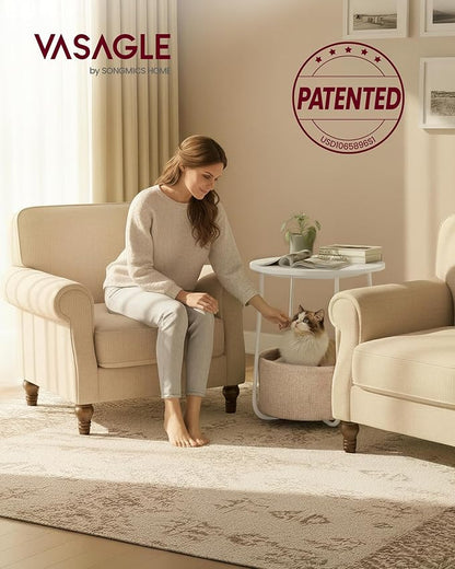 VASAGLE LILEA Collection - Small Round Side End Table, Modern Nightstand with Fabric Basket, for Living Room, Bedroom, Set of 2, Matte White and Camel Brown ULET225WG01S