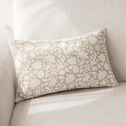 Foindtower Set of 2 Decorative Neutral Floral Throw Pillow Covers Accent Farmhouse Cushion Covers Boho Lumbar Pillowcase for Couch Sofa Bedroom Living Room Home Decor,12×20 Inch,Ivory Beige
