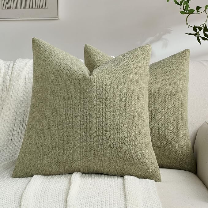 FUTEI Sage Green Chenille Throw Pillow Covers 16x16 Inch Set of 2,Soft Striped & Diamond Textured Cushion Cases,Modern Home Decor for Couch Living Room