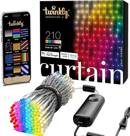Twinkly Christmas Curtain Lights 210 RGB+W LEDs - App-Controlled, Sync with Music, Indoor & Outdoor Use, Compatible with Google Assistant, Amazon Alexa, Apple HomeKit, Bluetooth & WiFi Connectivity
