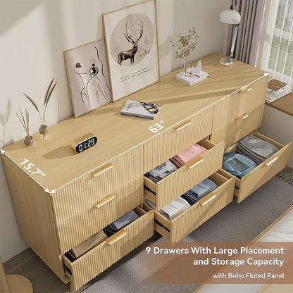 63" Long 9 Drawer Dresser for Bedroom, Modern Chest with Fluted Detailing, Light Wood Boho Dresser and TV Stand, Stylish Storage Organizer for Living Room, Hallway, or Closet, Light Wood