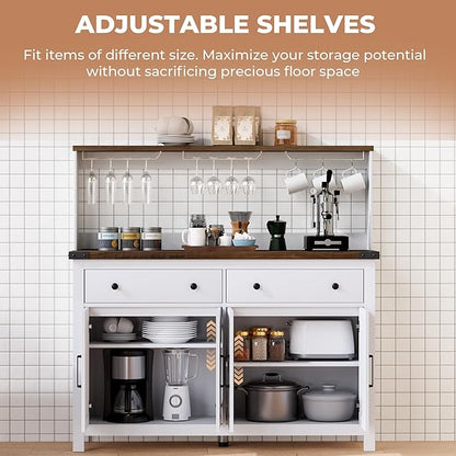 Hutch Storage Cabinet Buffet with Drawers, and Charging Station, Coffee Bar Cabinet with Barn Doors, Wine Rack and Hooks, Countertop, Long Farmhouse, White, for Kitchen, Dining Room, 54.1" High
