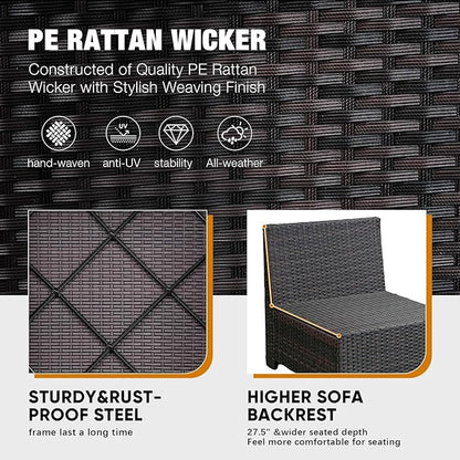 5 Pieces Patio Furniture Set All-Weather Outdoor Wicker Sectional Conversation Sofa Rattan Patio Seating Sofa with Cushion and Glass Table and Ottoman for Porch Poolside,Peacock Blue