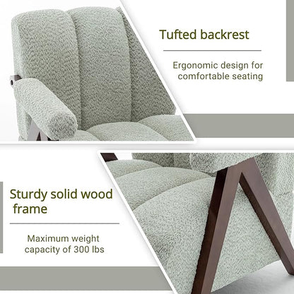 Mid Century Modern Accent Chairs Set of 2 with Solid Wood Frame, Boucle Upholstered Living Room Chairs with Thick Cushion, Comfy Tufted Arm Chair for Bedroom, Sage
