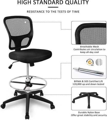 HYLONE Ergonomic Office Chairs, Office Drafting Chair, Rolling Stool Chair Armless Standing Desk Chair with Footrest Bar Stools for Home,Office & Bar