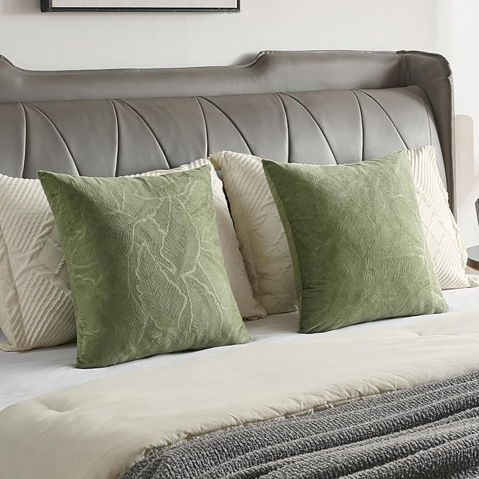 FUTEI Sage Green Velvet Throw Pillow Covers 26x26 Inch Set of 2,Soft Embossed Leaf-Relief Textured Euro Pillow Shams,Natural Home Decor for Couch Living Room