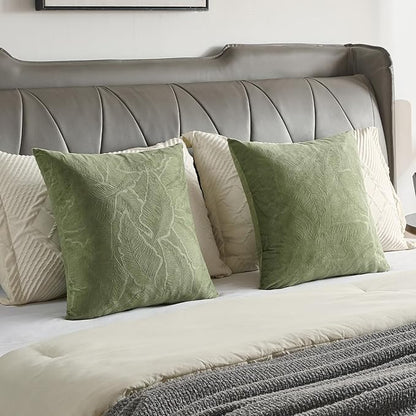 FUTEI Sage Green Velvet Throw Pillow Covers 26x26 Inch Set of 2,Soft Embossed Leaf-Relief Textured Euro Pillow Shams,Natural Home Decor for Couch Living Room