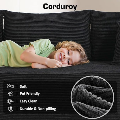 106" Cloud Sectional Couch with Chaise Lounge,L Shaped Modular Modern Sofa,Comfy Corduroy Fluffy Sofa with Deep Seat,No Assembly Required Couch for Living Room(Left,Stripe Corduroy,Black)