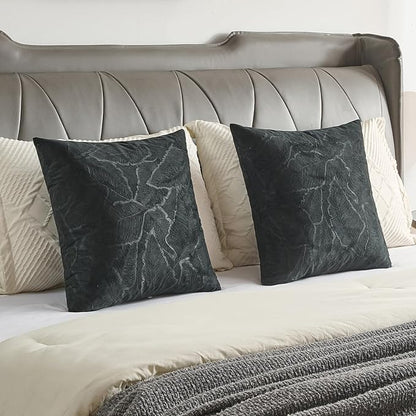 FUTEI Black Velvet Throw Pillow Covers 26x26 Inch Set of 2,Soft Embossed Leaf-Relief Textured Euro Pillow Shams,Natural Home Decor for Couch Living Room