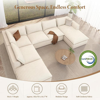 Vesgantti 141.7" Oversized Sectional Boneless Couch, Modern 7 Seater Modular Sofa with Chaise & Ottoman, Deep Seat Plush Corduroy Cloud Couches for Living Room, No Assembly Required, Beige