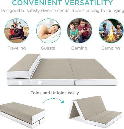 Best Choice Products 4in Portable Twin-Size Mattress, Tri-Fold Mattress for Camping, Guest, Toddler, Foam Plush w/Carry Case - Taupe