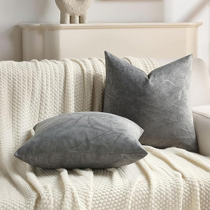 FUTEI Dark Grey Velvet Throw Pillow Covers 20x20 Inch Set of 2,Soft Embossed Leaf-Relief Textured Cushion Cases,Natural Home Decor for Couch Living Room