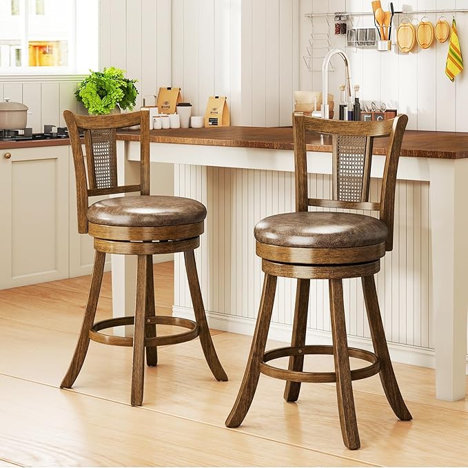 COSTWAY Counter Height Barstools Set of 2, 25” Solid Rubber Wood Swivel Counter Chairs with Faux Leather Seat, Curved PE Rattan Back, for Living Room & Kitchen Island, Brown (2, 25” Seat Height)