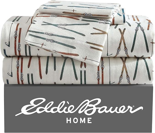 Eddie Bauer - Twin Sheets, Cotton Flannel Bedding Set, Brushed For Extra Softness, Cozy Home Decor (Ski Line White, Twin)