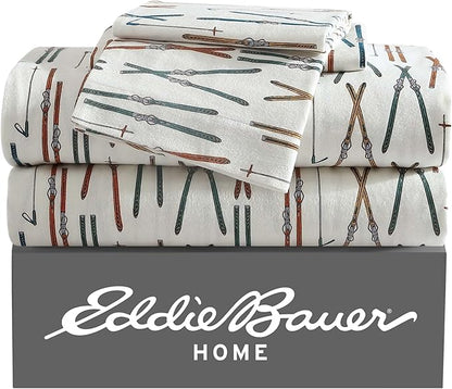 Eddie Bauer - Full Sheets, Cotton Flannel Bedding Set, Brushed For Extra Softness, Cozy Home Decor (Ski Line White, Full)