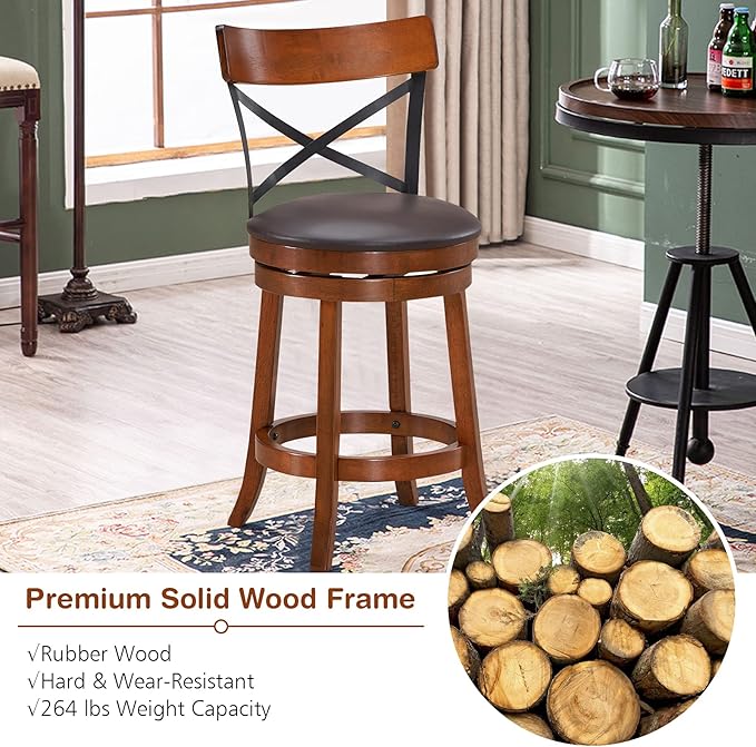 ERGOMASTER Swivel Bar Stools Set of 4 with PU Cushion and Solid Cappuccino Rubberwood Barstool for Kitchen Island Counter, Pub - 29 Inch Height