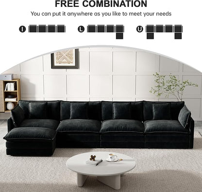 Modular Sectional Sofa, 146.5 Inch L-Shaped Cloud Sofa with Deep Seat Chenille Sofa with Cushions, Four Seater Sectional Sofa for Living Room Apartment,Black