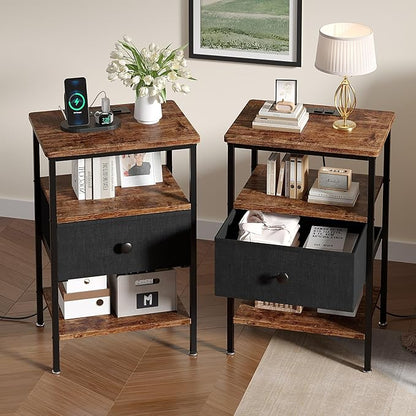 VECELO Night Stand Set 2, Nightstand with Charging Station, End Tables with Open Storage Shelf, Bed Side Tables with Fabric Drawers for Bedroom,Living Room,Rustic Brown