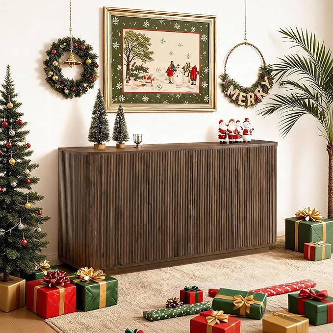 LKTART 64" Buffet Cabinet with Storage, Modern Fluted Accent Sideboard Media Console Credenza with Adjustable Shelves Pressed Spring for Kitchen Living Room,31.5" H (Walnut)