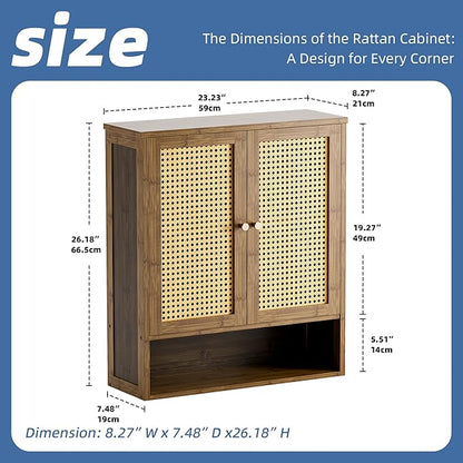 HITNET Bamboo Medicine Cabinet, Wall Mounted Bathroom Cabinet with Adjustable Shelf, Double Rattan Door Hanging Storage Organizer Over Toilet for Entryway, Laundry Room (Walnut)