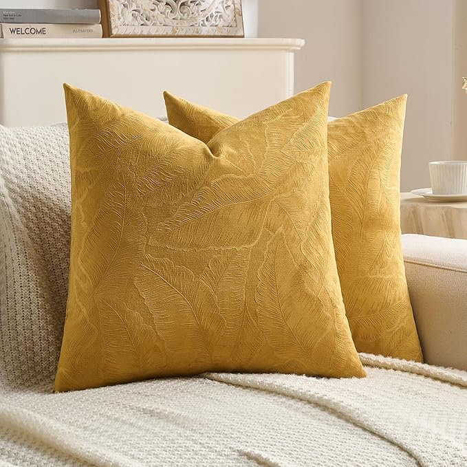 FUTEI Golden Yellow Velvet Throw Pillow Covers 24x24 Inch Set of 2,Soft Embossed Leaf-Relief Textured European Cushion Cases,Natural Home Decor for Couch Living Room