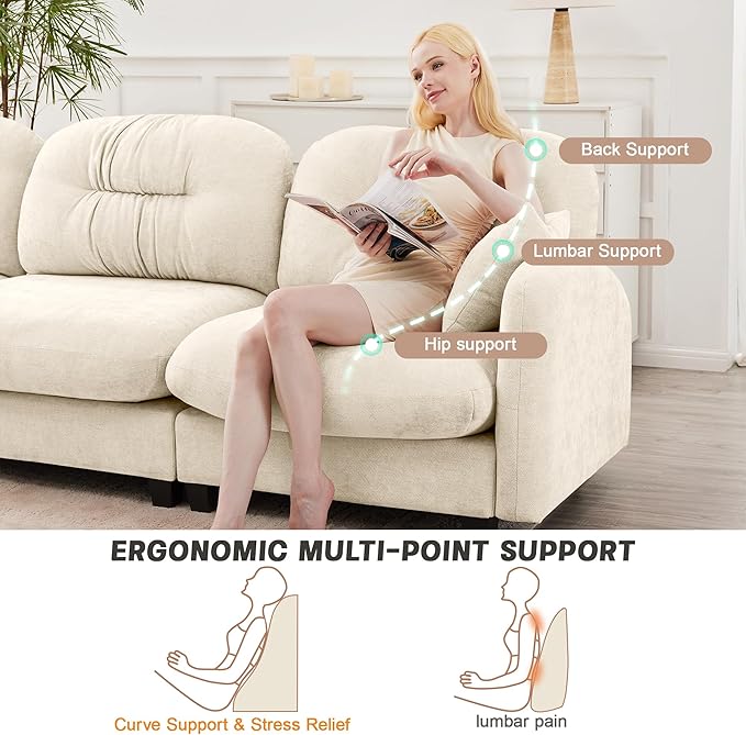 140" 4 Seater Couch for Living Room, Comfy Chenille Fabric Cloud Sectional Couch, Modern Upholstered Deep Seat Sofa with Armrest Pillow, Oversized Sectional Sofa, Beige