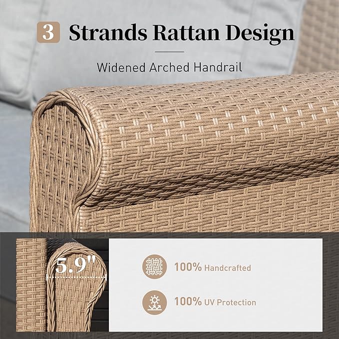 Patio Furniture Set 6 pcs, Wicker Rattan Outdoor Furniture with 5.5” Thick Cushions, 3-Seat Sofa, 4 Chairs and Coffee Table, Outdoor Conversation Set for Garden Backyard Deck, 7 Seats Grey