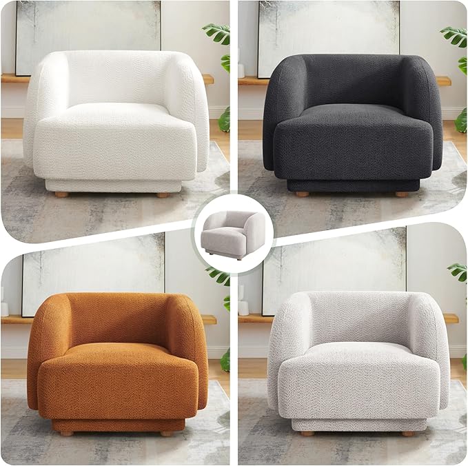 VANOMi Oversized Living Room Chair, Modern Comfy Accent Barrel Chairs, Single Sofa Chair with Wood Legs, Upholstered Armchair for Bedroom, Office, Waiting Room (White)