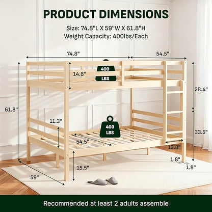 Softa Full Over Full Bunk Bed with Thick Posts,Wooden Bunk Bed with High Guardrail and Ladder for Kids, Teens, Dorm Rooms, and Guest Rooms,No Box Spring Needed, Natural
