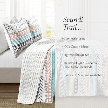 Lush Decor Hygge Geo Pattern Striped 3 Piece Quilt Bedding Set, Full/Queen, Neutral & Multicolored