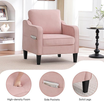 Accent Chairs Set of 2, Upholstered Living Room Chair with Side Pockets, Mid Century Modern Reading Chair for Bedroom, Comfy Armchair Single Sofa Side Chair for Office, Small Room, Pink
