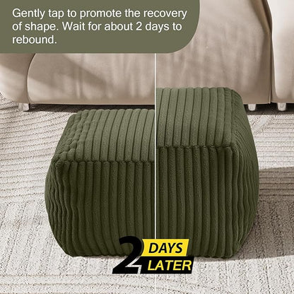 MeMoreCool Square Stuffed Pouf Ottoman Foot Rest, Stripe Furry Floor Pouf Foot Stool with Foam Chunk Filling, Soft Fluffy Stuffed Ottoman Footrest for Living Room, Faux Fur Green