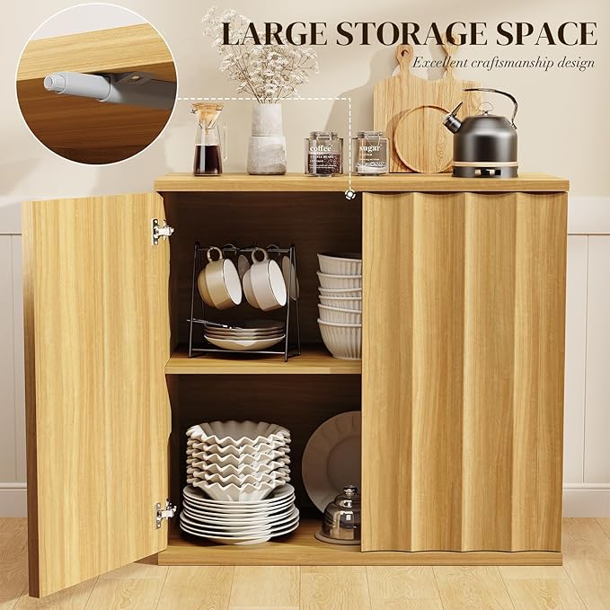 Fluted Sideboard Cabinet with Storage, 31.5" Coffee Bar Cabinet, Modern Kitchen Buffet Cabinets with Doors, Entryway Cabinets for Living Room, Kitchen, Coffee Bar, Natural