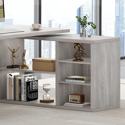 HSH Gray L Shaped Corner Desk with Storage Shelves, Reversible L Shape Computer Desk with Storage Cabinet, Adjustable Corner Home Office Desk for PC Executive Writing Study Work, Light Grey, 55 Inch