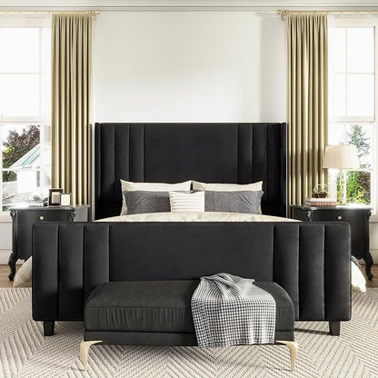 AMERLIFE Queen Size Bed Frame, Velvet Upholstered Platform Bed with Vertical Channel Tufted Headboard & Footboard/Wingback, Mattress Foundation with Wood Slats, No Box Spring Needed, Black