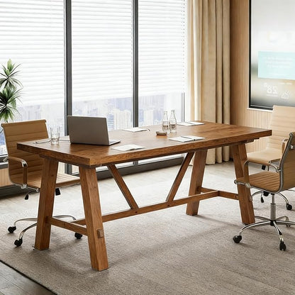 LITTLE TREE 70.87" Long Large Wood Desks, Solid Wood Office Desk, Farmhouse Executive Computer Desk, Home Office Workstaticon, Work Writing Table, Rustic Brown