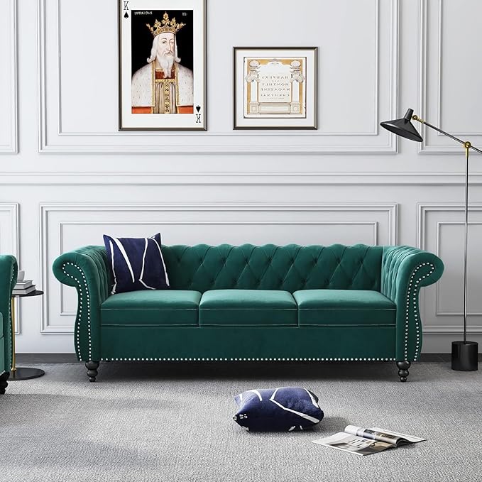 Chesterfield 3 Seater Sofa, Modern Velvet Tufted Couch 3 Seater with Rolled Arms and Nailhead Mid-Century Upholstered Couch for Living Room, Bedroom, Apartment and Office, Green