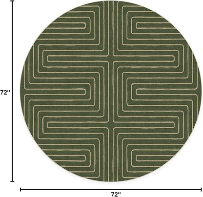 RUGGABLE x Jonathan Adler Machine Washable Area Rug – Labyrinth Fern Green 6 ft Round, Stain-Resistant, Non-Slip – Medium Rugs for Living Room, Bedroom, Hallway, Entryway & Office–with Standard Pad
