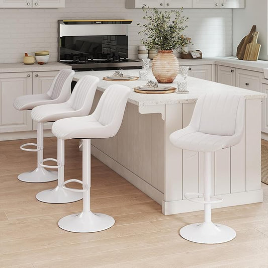 Youhauchair Bar Stools Set of 4, Swivel Counter Height Barstools with Back, Adjustable PU Leather Bar Chairs, Modern Armless Kitchen Island Stool, White