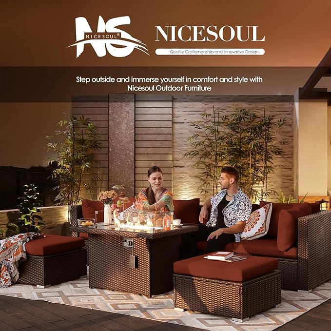 NICESOUL 9 Pcs Large Outdoor Patio Furniture Set with Firepit Natural Gas & Propane, 29.3 High Back Comfy Conversations Sofa Sets Modular, Wide Sectional for Heavy Weight, Brown Rattan and Red Cushion