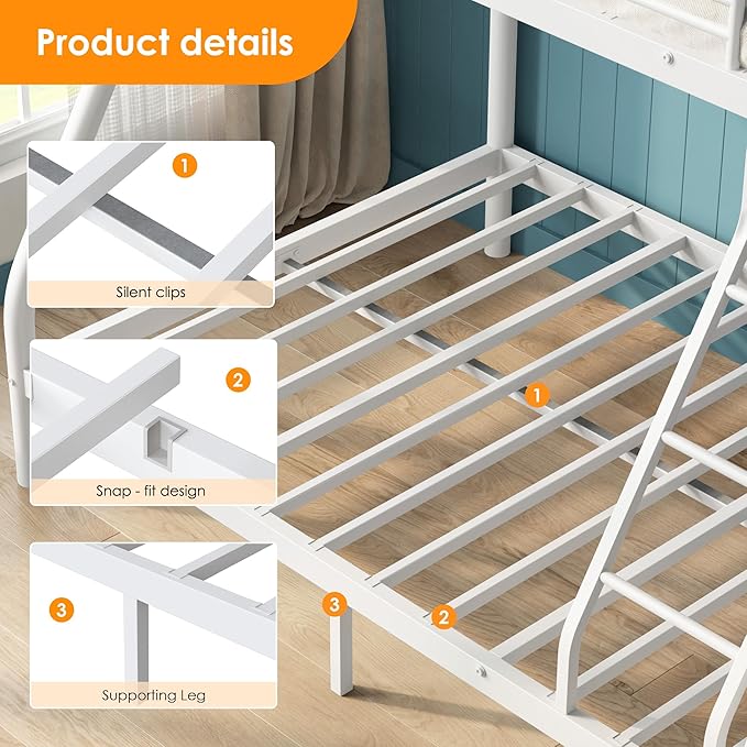 Bunk Beds Twin Over Full Size, Heavy Duty Metal Bunk Bed Frame with Angled Ladder for Teens and Adults, for Spaces-Saving, Smooth Rounded Edges, Noise Free & Easy Assembly, White