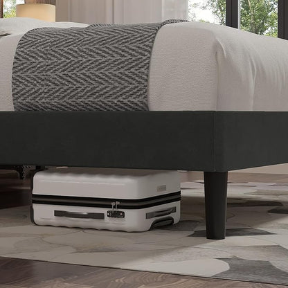 VECELO Queen Size Bed Frame with Upholstered Headboard, Velvet Platform Bedframe Mattress Foundation, Strong Wood Slat Support, No Box Spring Needed,Grey