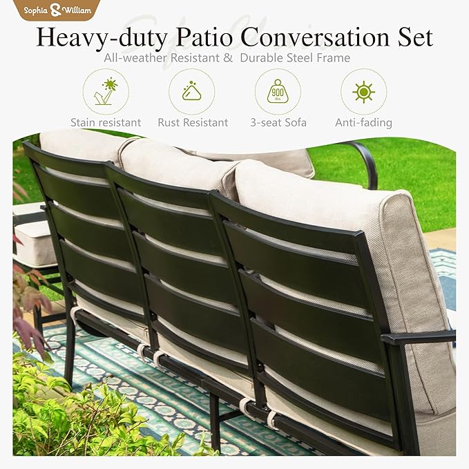 Sophia & William Patio Furniture Sets for 7 with Fire Pit Table 45", Outdoor Patio Furniture Set 8 Pcs, Convesation Set with 4 x High Heavy Sofa Chairs, 1x3-Seat Sofa, for Porch Poolside Beige