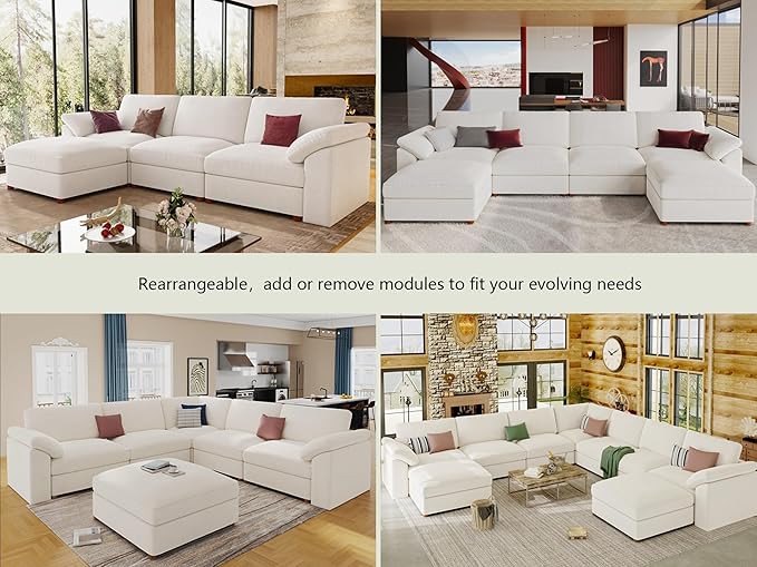 EASE MOOSE Sectional Modular Sofa, Oversized U Shape Sectional Couch Wide Deep seat Sectional Sofa,FSC Certified Comfortable Chenille White Modular Sofa