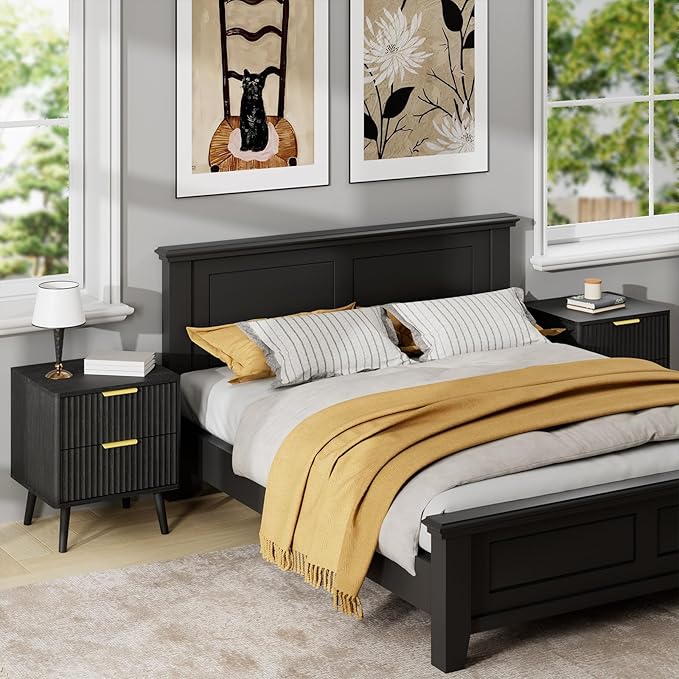 LYNSOM Fluted Dresser and Nightstand Sets 3 Piece, 5-Drawers Dresser and 2-Drawer Nightstands Set of 2, Wood Bedroom Furniture Set for Home, Bedroom, Hallway, Black