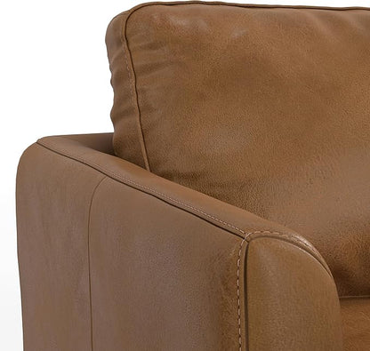 SIMPLIHOME Livingston 90-inch Wide Sofa in Caramel Brown Top Grain Genuine Leather, Handcrafted Mid-Century Modern Couch for Living Room, Large 3-Seater with Feather-Wrapped Cushions
